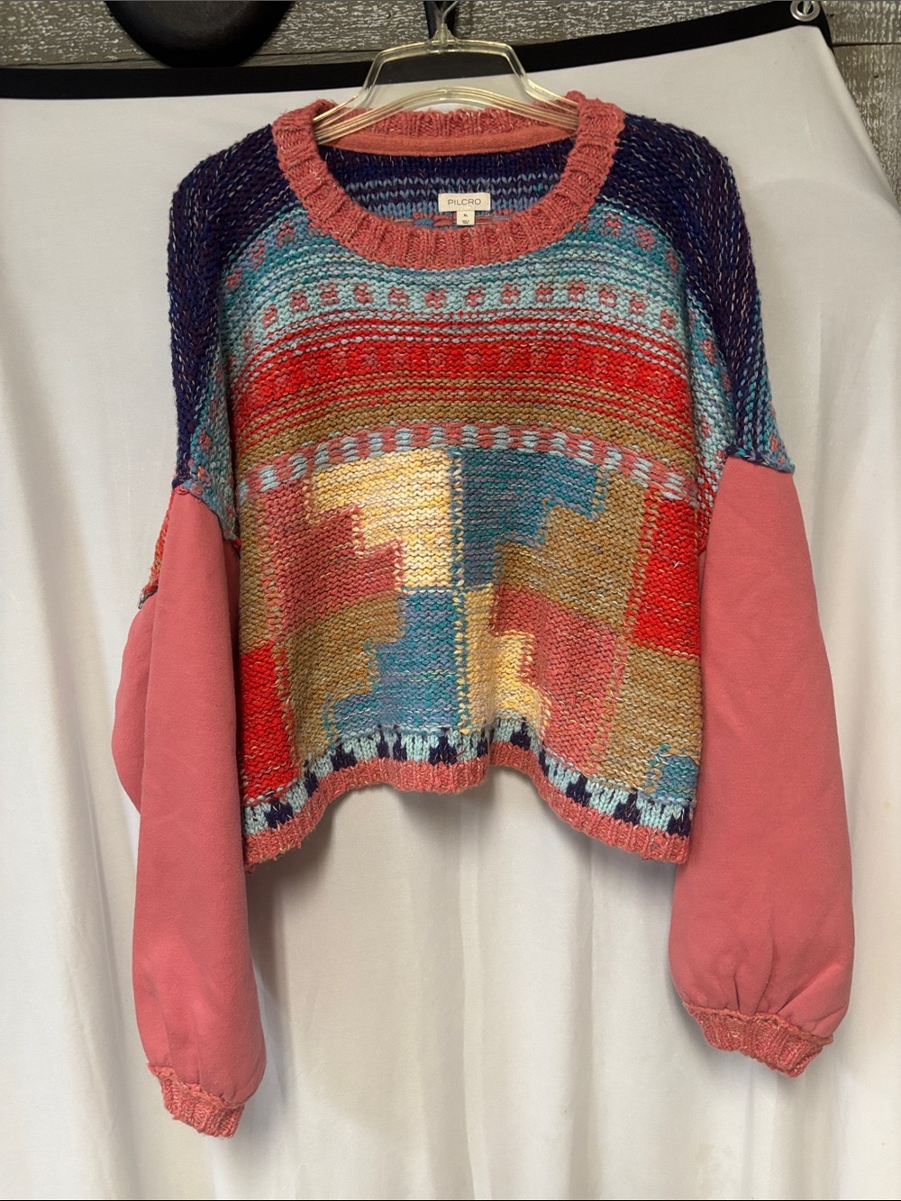 Pilcro Multicolor Geometric Knit Sweater with Coral Sleeves - Picture 4 of 12